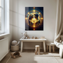 Eternal Soulmates Glass Wall Art – Radiant UV Print of Cosmic Lovers in Sacred Golden Connection- KAFCD125