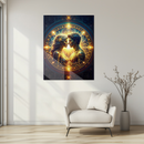 Eternal Soulmates Glass Wall Art – Radiant UV Print of Cosmic Lovers in Sacred Golden Connection- KAFCD125