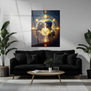 Eternal Soulmates Glass Wall Art – Radiant UV Print of Cosmic Lovers in Sacred Golden Connection- KAFCD125