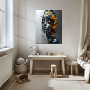 Sunflower Honey Queen Glass Wall Art – Metallic Feminine Portrait with Bees and Golden Nectar UV Print- KAFCD127
