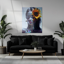 Sunflower Goddess Glass Wall Art – Metallic Female Portrait with Honey Drips and Bees UV Print- KAFCD128