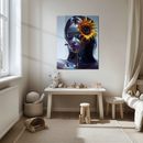 Sunflower Goddess Glass Wall Art – Metallic Female Portrait with Honey Drips and Bees UV Print- KAFCD128