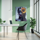 Sunflower Goddess Glass Wall Art – Metallic Female Portrait with Honey Drips and Bees UV Print- KAFCD128
