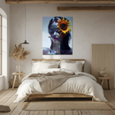 Sunflower Goddess Glass Wall Art – Metallic Female Portrait with Honey Drips and Bees UV Print- KAFCD128