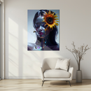 Sunflower Goddess Glass Wall Art – Metallic Female Portrait with Honey Drips and Bees UV Print- KAFCD128