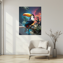 Elegant Toucan in Sunset Jungle Glass Wall Art – Tropical Bird UV Printed Home Decor- KAFCD130