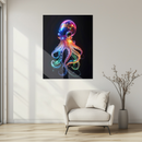 Neon Octopus Glass Wall Art – Colorful Deep Sea UV Print on Tempered Glass Panel- KAFCD132
