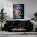 Rainbow Neon Octopus Glass Wall Art – UV Printed Glowing Sea Creature on Tempered Glass- KAFCD133