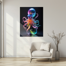 Rainbow Neon Octopus Glass Wall Art – UV Printed Glowing Sea Creature on Tempered Glass- KAFCD133