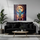 Statue of Liberty Glass Wall Art – Glowing Moon Backdrop in Grand Cosmic Hallway- KAFCD137