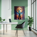 Statue of Liberty Glass Wall Art – Glowing Moon Backdrop in Grand Cosmic Hallway- KAFCD137