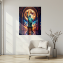Statue of Liberty Glass Wall Art – Glowing Moon Backdrop in Grand Cosmic Hallway- KAFCD137