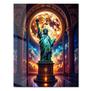 Statue of Liberty Glass Wall Art – Glowing Moon Backdrop in Grand Cosmic Hallway- KAFCD137
