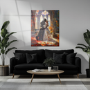 Romantic Knight and Princess Embrace Glass Wall Art – Medieval Fantasy Love Scene UV Print- KAFCD145