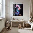Majestic Neon Seahorse Glass Wall Art – Glowing Ocean Fantasy UV Printed Decor-KAFCD158