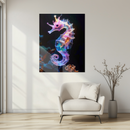 Majestic Neon Seahorse Glass Wall Art – Glowing Ocean Fantasy UV Printed Decor-KAFCD158