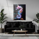 Majestic Neon Seahorse Glass Wall Art – Glowing Ocean Fantasy UV Printed Decor-KAFCD158