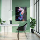 Majestic Neon Seahorse Glass Wall Art – Glowing Ocean Fantasy UV Printed Decor-KAFCD158