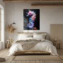 Majestic Neon Seahorse Glass Wall Art – Glowing Ocean Fantasy UV Printed Decor-KAFCD158