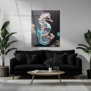 Elegant Celestial Seahorse Glass Wall Art – Cosmic UV Print Underwater Decor-KAFCD159