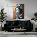 Elegant Blue Floral Woman Portrait UV Glass Wall Art – Artistic Feminine Modern Print-KAFCD164