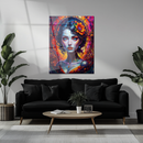 Fiery Autumn Woman Portrait UV Glass Wall Art – Vibrant Fantasy Female Glass Print-KAFCD165