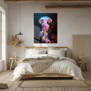 Glowing Jellyfish UV Glass Wall Art – Vibrant Underwater Scene with Bioluminescent Tentacles-KAFCD169