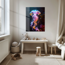 Glowing Jellyfish UV Glass Wall Art – Vibrant Underwater Scene with Bioluminescent Tentacles-KAFCD169