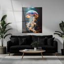 Elegant Jellyfish Glass Wall Art – UV Printed Deep Sea Creature with Flowing White Tentacles-KAFCD170