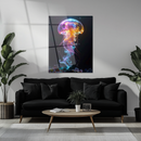 Colorful Jellyfish Glass Wall Art – UV Printed Deep Sea Design with Rainbow Tentacles-KAFCD171