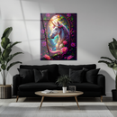 Enchanted Unicorn with Floral Frame Glass Wall Art – Fantasy UV Printed Tempered Glass Decor-KAFCD182