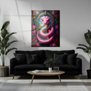 Pink Fantasy Snake Glass Wall Art – UV Printed Vibrant Serpent with Floral Frame-KAFCD190