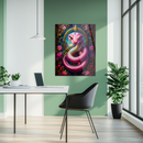 Pink Fantasy Snake Glass Wall Art – UV Printed Vibrant Serpent with Floral Frame-KAFCD190