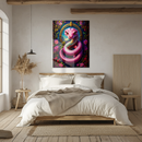 Pink Fantasy Snake Glass Wall Art – UV Printed Vibrant Serpent with Floral Frame-KAFCD190
