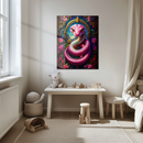 Pink Fantasy Snake Glass Wall Art – UV Printed Vibrant Serpent with Floral Frame-KAFCD190