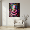Pink Fantasy Snake Glass Wall Art – UV Printed Vibrant Serpent with Floral Frame-KAFCD190