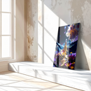 Golden Gown Fantasy Glass Wall Art – Dreamy Goddess Walking in Cosmic Flower Field UV Print-KAFCD201