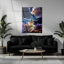 Golden Gown Fantasy Glass Wall Art – Dreamy Goddess Walking in Cosmic Flower Field UV Print-KAFCD201