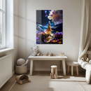 Golden Gown Fantasy Glass Wall Art – Dreamy Goddess Walking in Cosmic Flower Field UV Print-KAFCD201