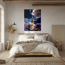 Golden Gown Fantasy Glass Wall Art – Dreamy Goddess Walking in Cosmic Flower Field UV Print-KAFCD201