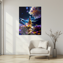 Golden Gown Fantasy Glass Wall Art – Dreamy Goddess Walking in Cosmic Flower Field UV Print-KAFCD201