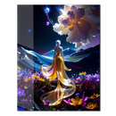 Golden Gown Fantasy Glass Wall Art – Dreamy Goddess Walking in Cosmic Flower Field UV Print-KAFCD201