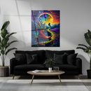 Surreal Red Boot Glass Wall Art – Dreamy Fantasy Pathway with Feathers and Sunset UV Print-KAFCD203