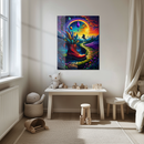 Surreal Red Boot Glass Wall Art – Dreamy Fantasy Pathway with Feathers and Sunset UV Print-KAFCD203