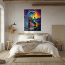 Surreal Red Boot Glass Wall Art – Dreamy Fantasy Pathway with Feathers and Sunset UV Print-KAFCD203