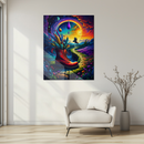 Surreal Red Boot Glass Wall Art – Dreamy Fantasy Pathway with Feathers and Sunset UV Print-KAFCD203