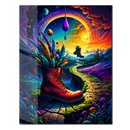 Surreal Red Boot Glass Wall Art – Dreamy Fantasy Pathway with Feathers and Sunset UV Print-KAFCD203