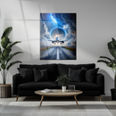 Surreal Plane Takeoff Glass Wall Art – Jet Lifting into Thunderstorm Portal UV Print-KAFCD204