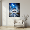 Surreal Plane Takeoff Glass Wall Art – Jet Lifting into Thunderstorm Portal UV Print-KAFCD204