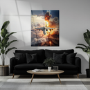 Fighter Jet Explosion Glass Wall Art – Combat Aircraft Over Battlefield UV Print-KAFCD206